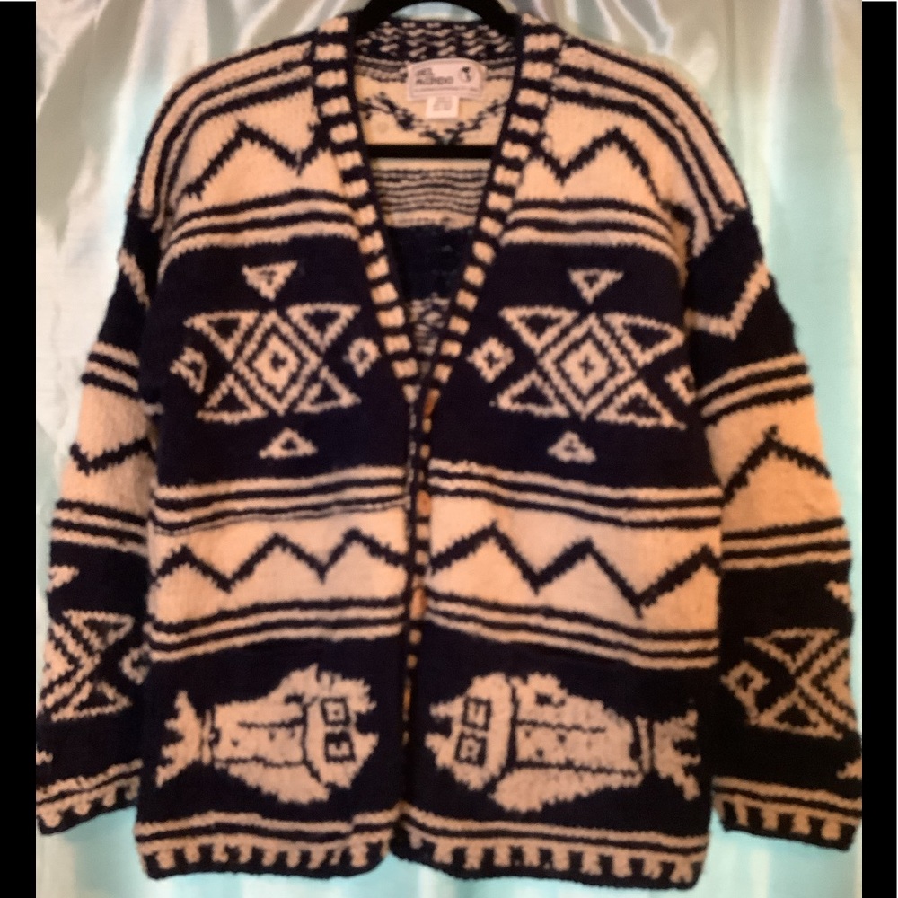 Handmade sweater 100% Wool w/pockets, fish pattern - Picture 4 of 6